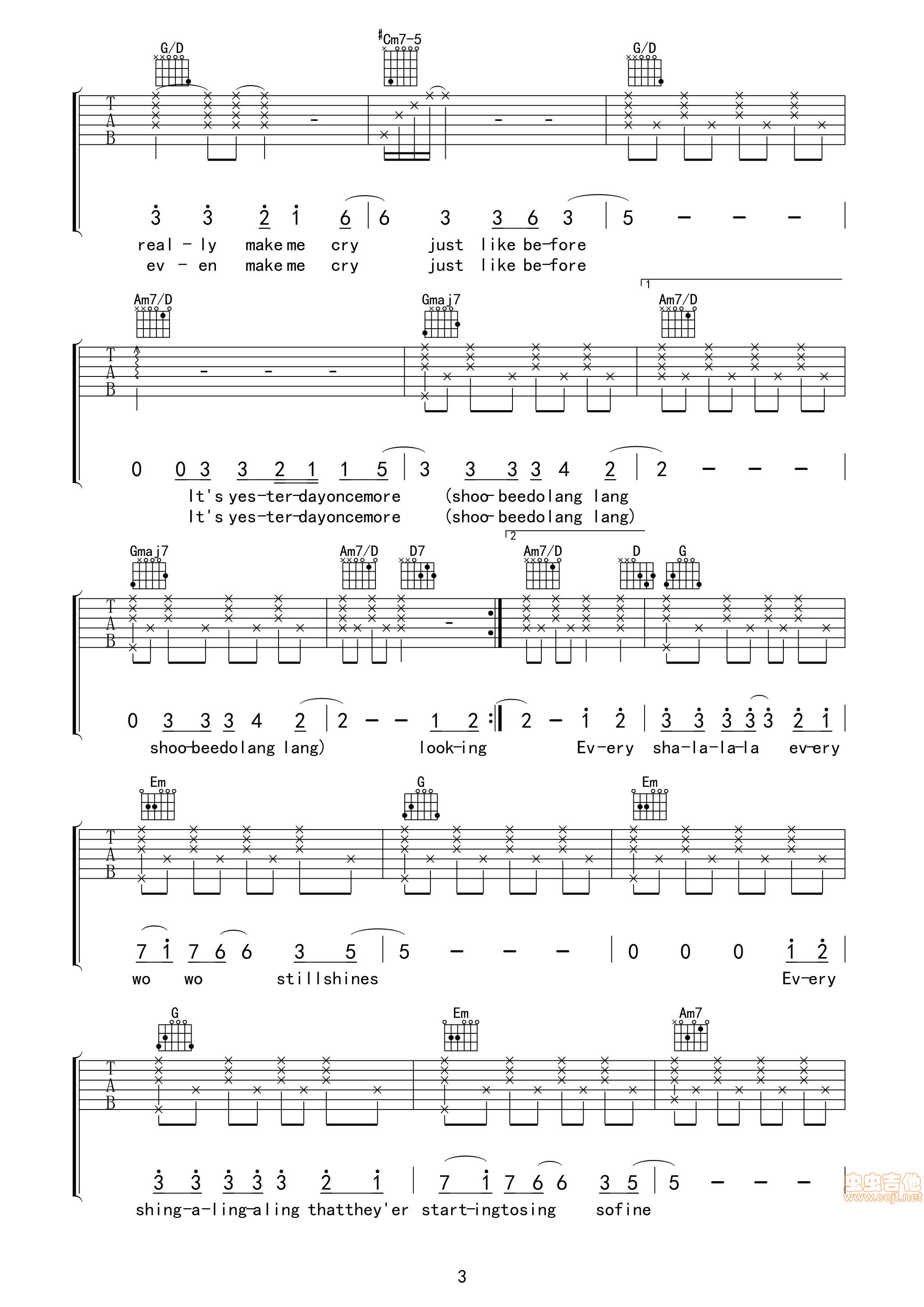 Yesterday Once More by The Carpenters Guitar Tabs Chords Solo Notes Sheet Music Free