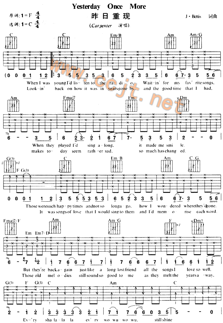Yesterday Once More by Carpenter Guitar Sheet Music Free