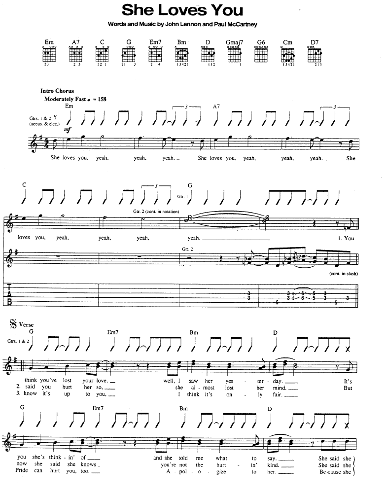 she Loves you by The Beatles Guitar Sheet Music Free
