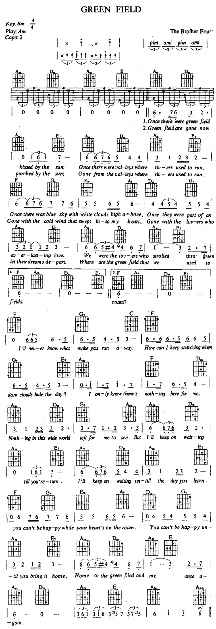 Green Field by The Brothers Four Guitar Sheet Music Free