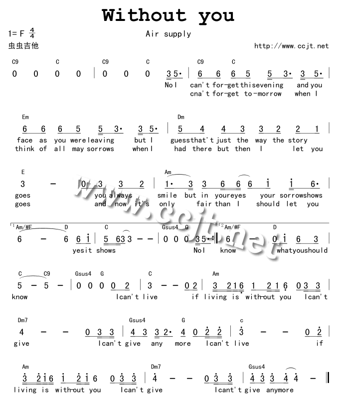 Without you by Air Supply Guitar Sheet Music Free