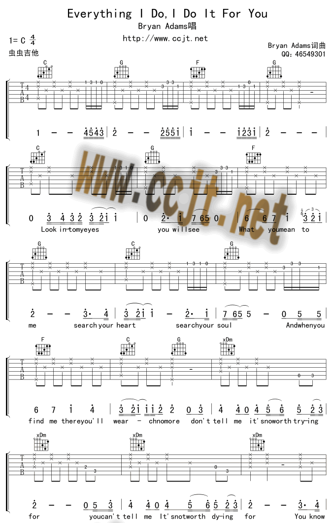 Everything I do I do it for you by Bryan Adams Guitar Sheet Music Free