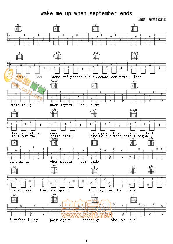 Wake Me Up When September Ends by Green Day Guitar Sheet Music Free