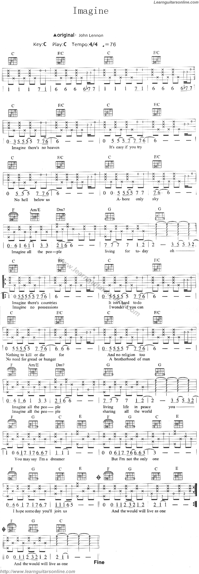 Imagine by John Lennon Guitar Tabs Chords Solo Sheet Music Free