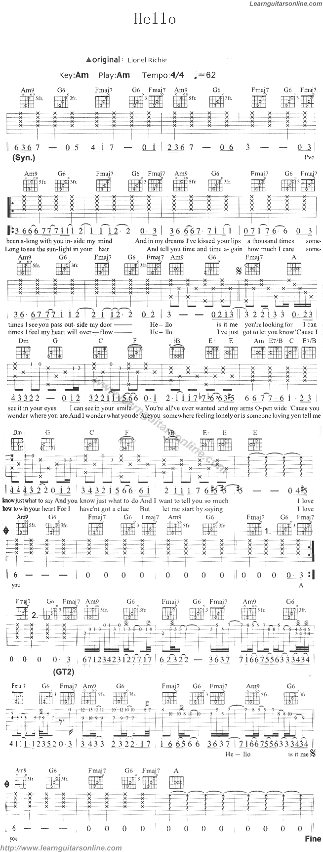 Hello by Lionel Richie Guitar Tabs Chords Solo Sheet Music Free