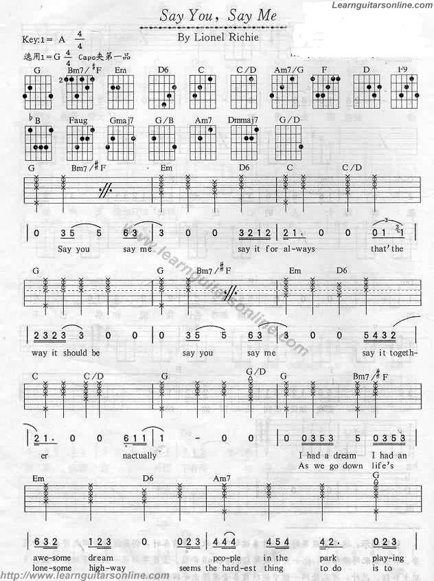 Say you say me by Lionel Richie Guitar Tabs Chords Solo Sheet Music Free