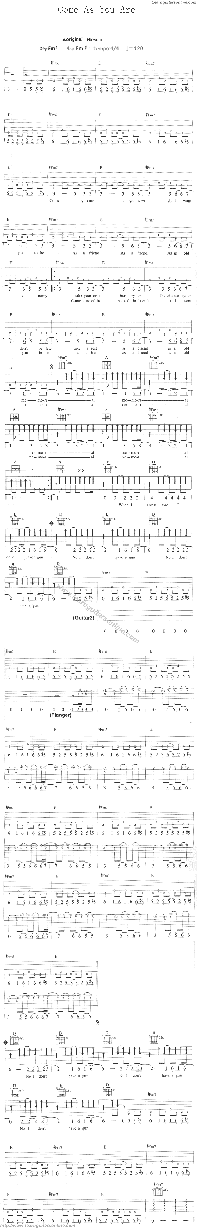 Come As You Are by Nirvana Guitar Tabs Chords Solo Notes Sheet Music Free