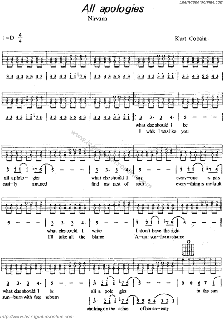 All Apologies by Nirvana Guitar Tabs Chords Solo Notes Sheet Music Free