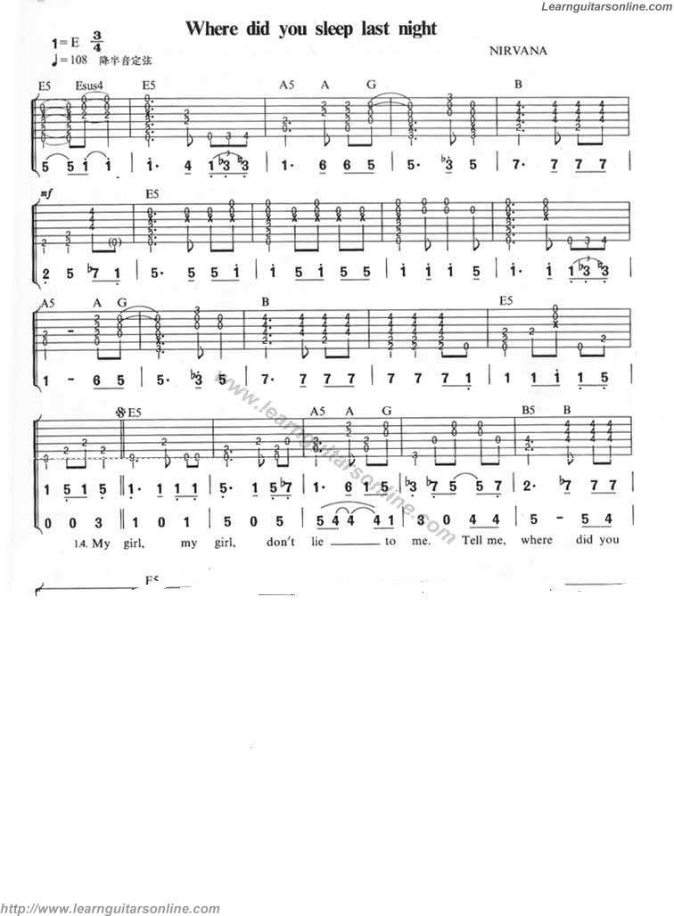 Where Did You Sleep Last Night by Nirvana Guitar Tabs Chords Solo Notes Sheet Music Free