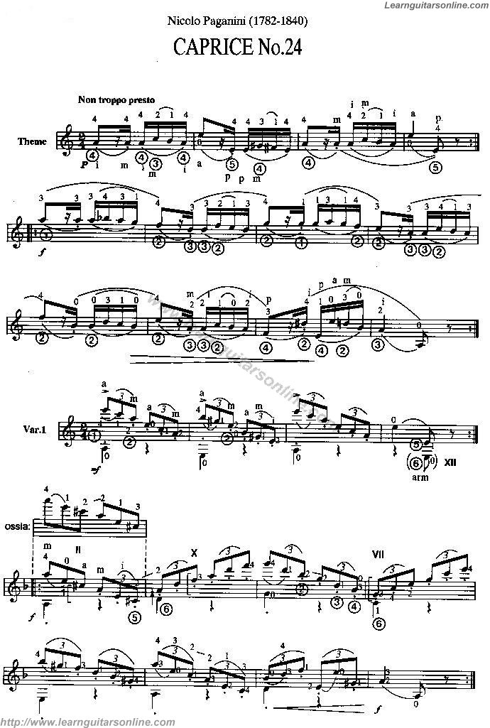 Caprice No 24 in A minor Op 1 by Niccolò Paganini Guitar Tabs Chords Solo Notes Sheet Music Free