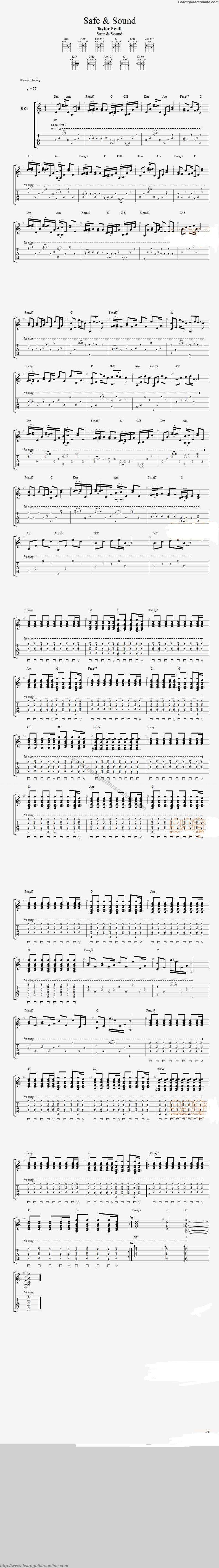 The Civil Wars-Safe & Sound from The Hunger Games by Taylor Swift Guitar Tabs Chords Solo Notes Sheet Music Free