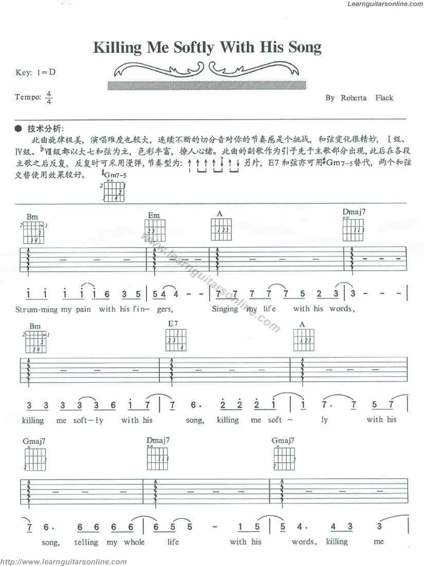 Killing Me Softly With His Song By Roberta Flack Guitar Tabs Chords Sheet Music Free Learnguitarsonline Com